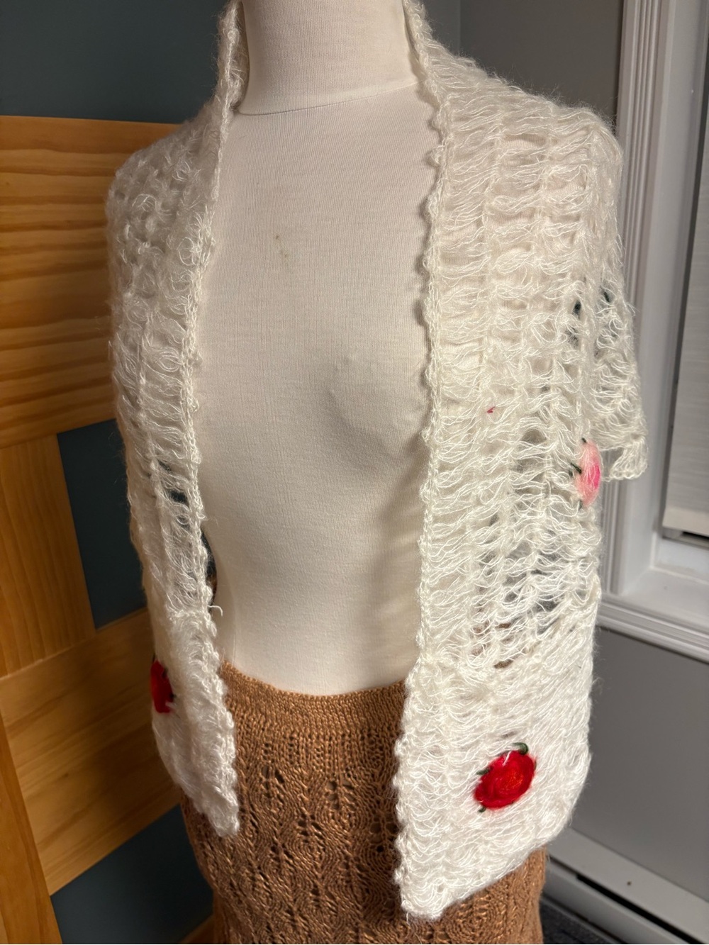 Cream Open-Knit Women’s Sweater Cardigan with Red Floral Accents